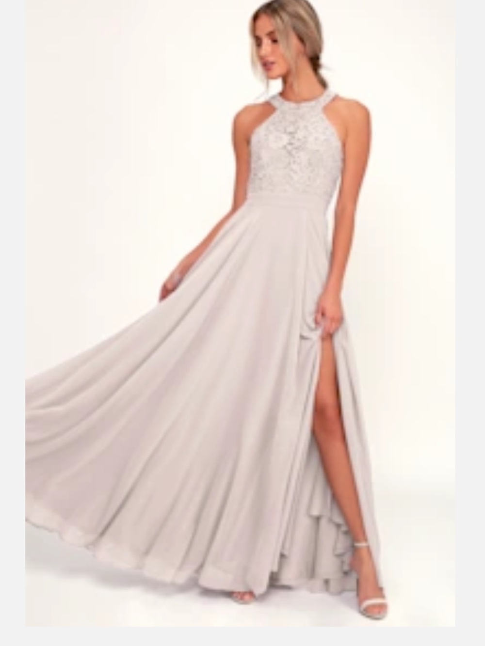 Lulu's Silver Halter Lace Chiffon Prom Gown
